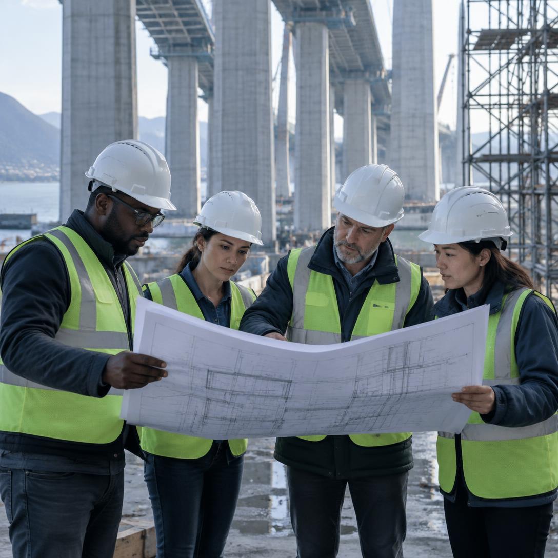 Equipe de engenharia analisando desenhos estruturais em obra